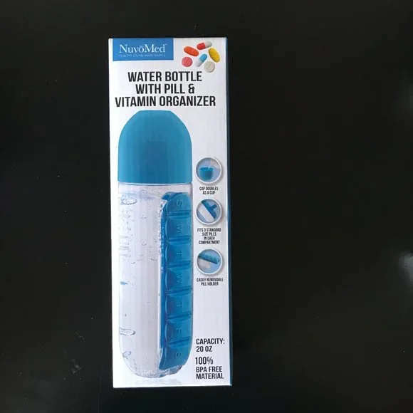 2 FOR $20, BLUE NUVOMED WATER BOTTLE WITH PILL AND VITAMIN ORGANIZER, BRAND NEW - Picture 1 of 4